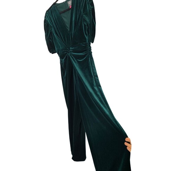 Vince Camuto Green Velvet V-Neck Wide Leg Jumpsuit Twist Front Size 12 - Picture 11 of 16
